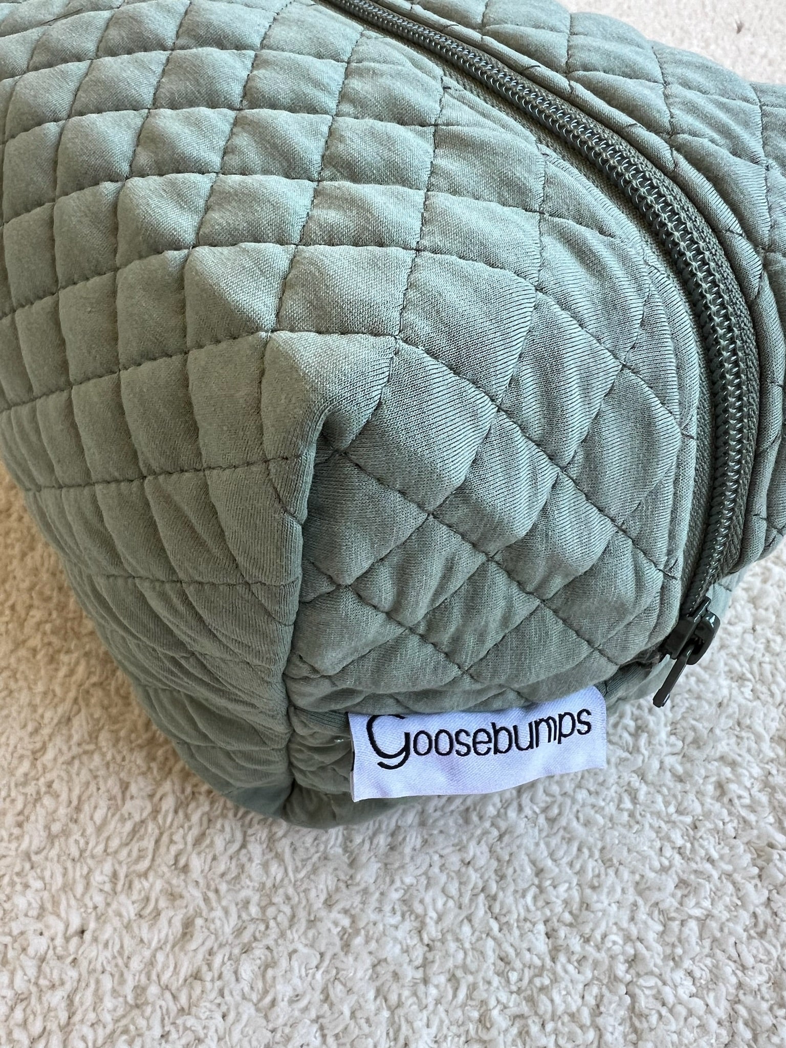 A close-up of a green quilted basil travel bag with a zipper, resting on a light-colored carpet. A white label on the soft travel accessory reads "basil" in black text.
